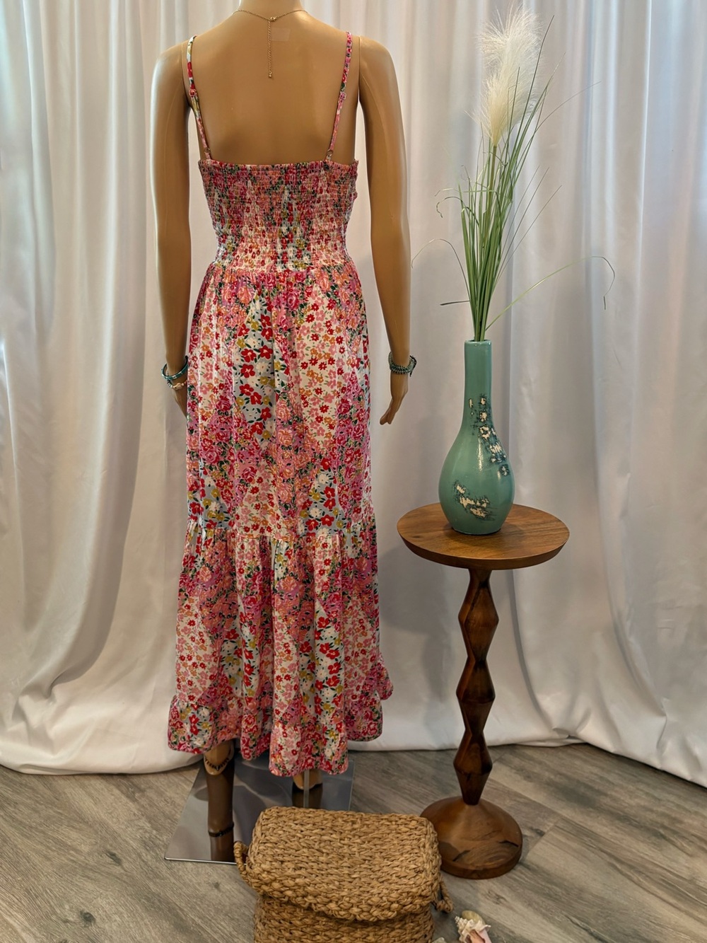 Angie Mixed Floral Patchwork Cutout Tiered Maxi Sundress Pink & Blue Size Small - Picture 2 of 4